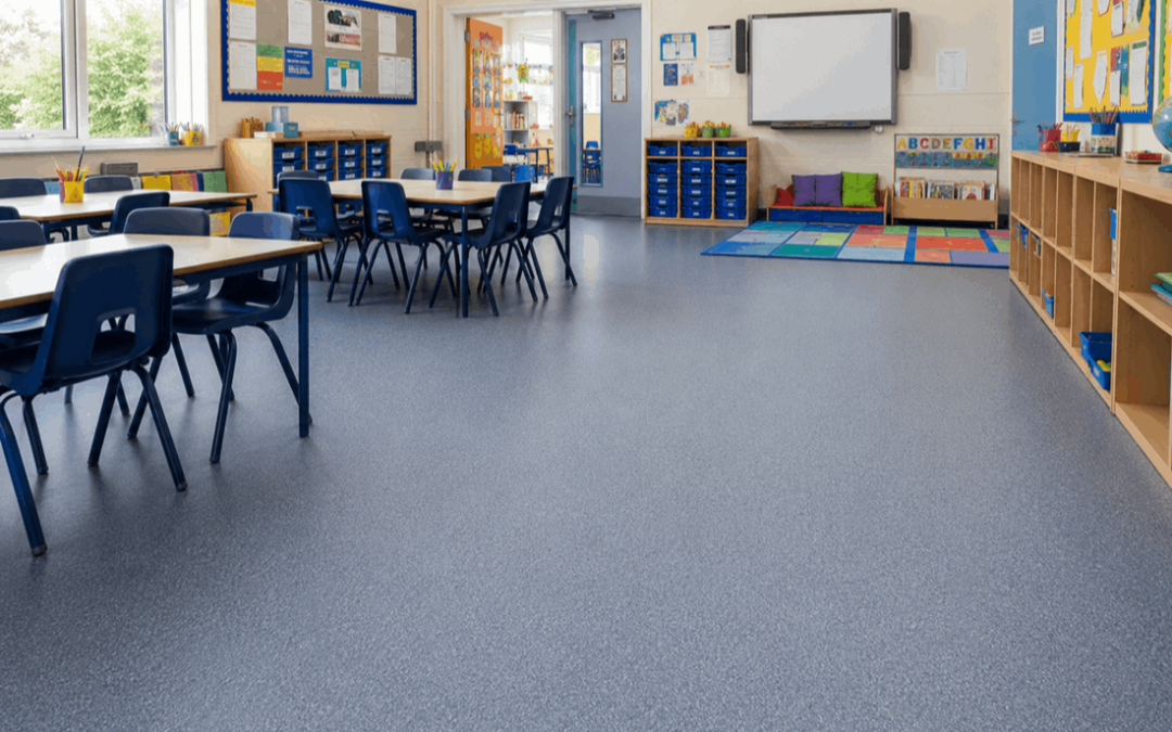Easy-clean school flooring tiles in a bright classroom