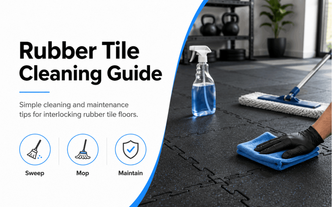 Rubber tile cleaning guide showing interlocking rubber tiles being cleaned with mop and cloth