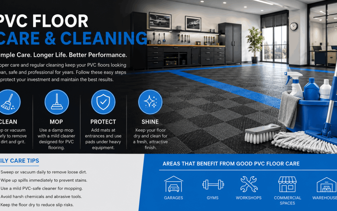 PVC floor care and cleaning guide with cleaning materials on PVC floor tiles