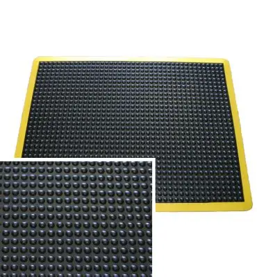 Anti-fatigue bubbly mat with yellow safety border for workplace comfort