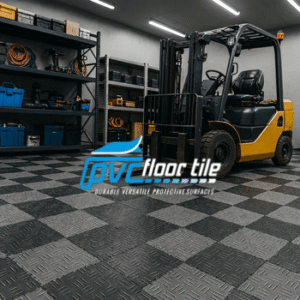 Workshop-Fit Anti-Slip tiles, black checkered PVC interlocking floor tiles in a workshop.