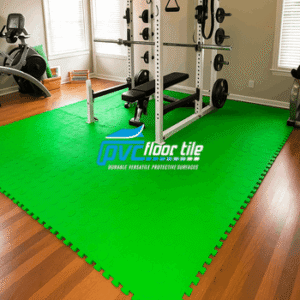 Indoor Fine Living Gym Mat with green interlocking tiles for home gyms