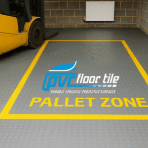 Pallet Zone Warehouse Tile marked in yellow on grey coin-texture interlocking floor tiles