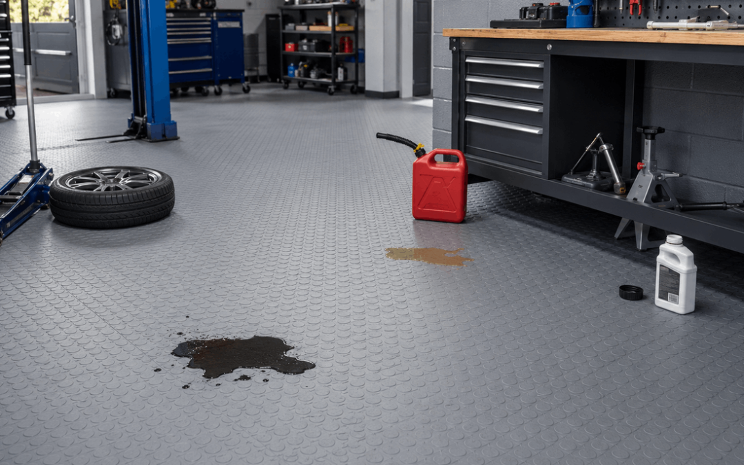 chemical resistance PVC flooring with oil petrol and brake fluid spill protection guide