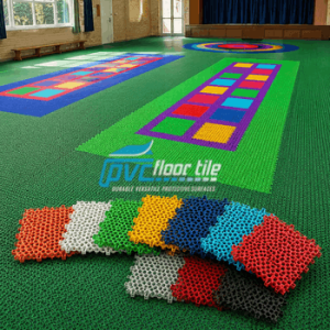Community hall sports flooring with small colourful interlocking tiles