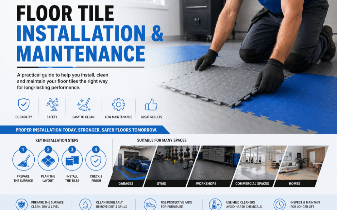 Floor tile installation and maintenance guide showing interlocking floor tiles being fitted
