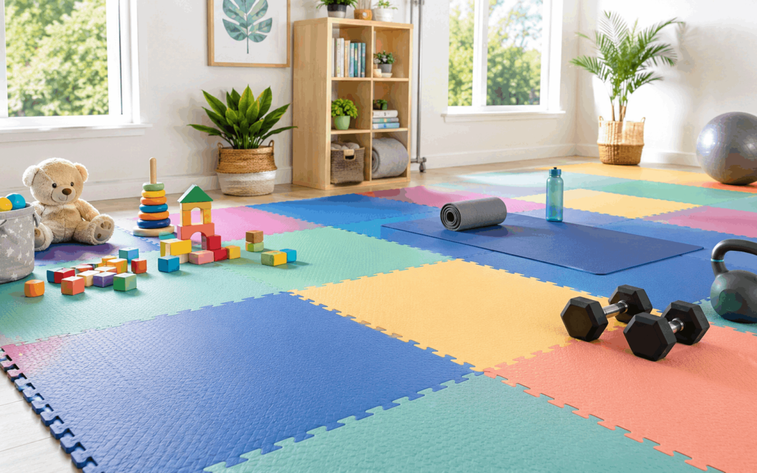 Colourful foam mats used in a playroom and home gym with children’s toys