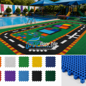 Pool surround sports tiles with open-grid drainage surface