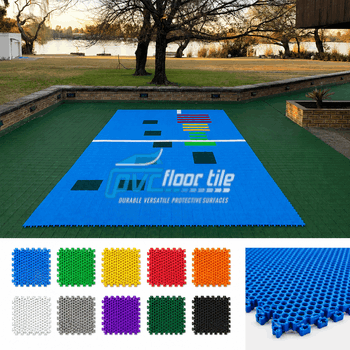 Outdoor sports flooring tiles with open-grid interlocking surface