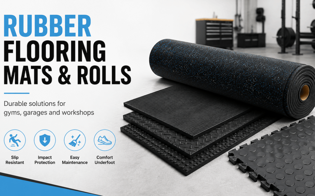 Rubber flooring mats and rolls with coin interlocking tiles for gyms garages and workshops