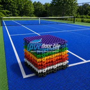 Tennis sport interlocking tiles on blue court stack