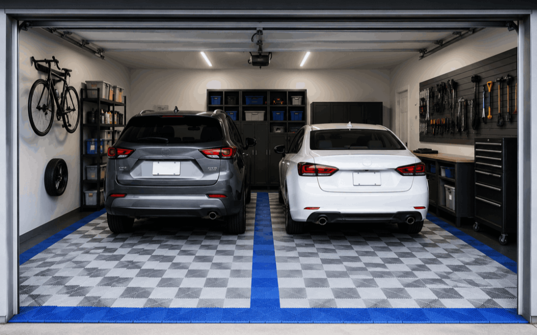 Best flooring for double garage with floor tiles for two cars and storage areas