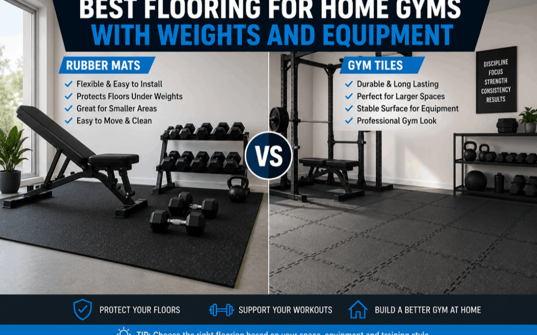 Best flooring for home gym with weights showing rubber mats and gym tiles for equipment
