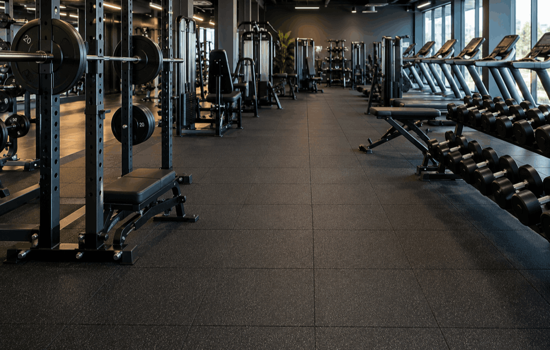 Modern gym fitted with durable protective gym flooring