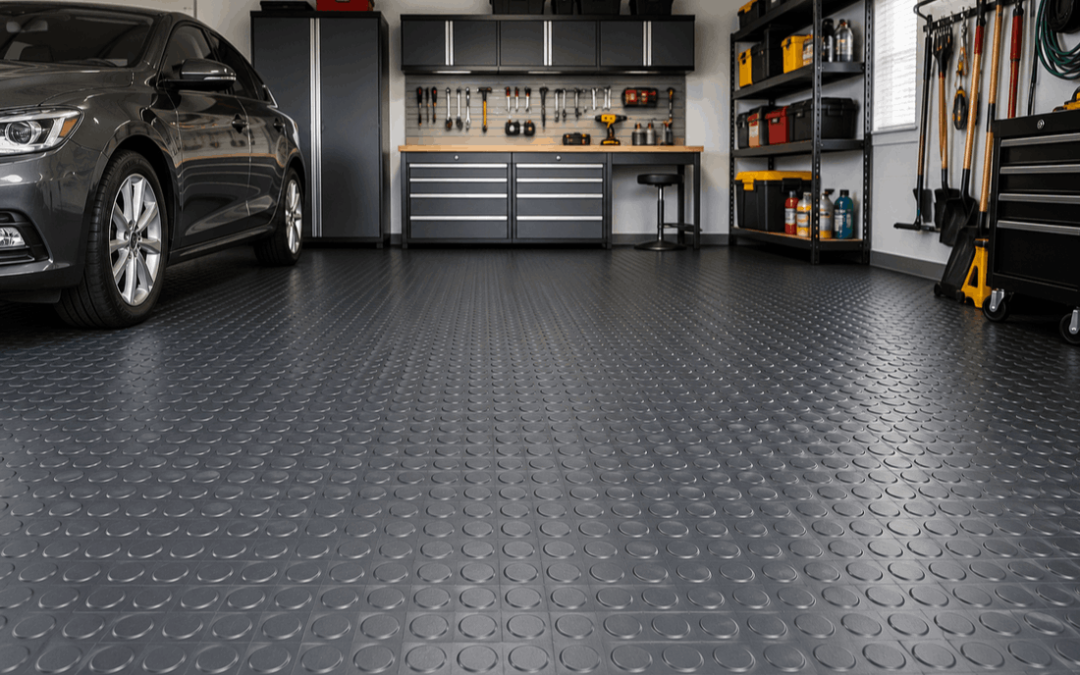 Coin pattern garage tiles with textured garage flooring in a modern home garage