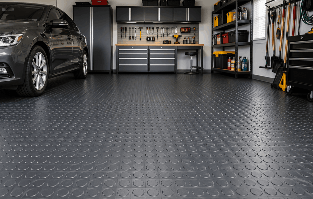 Coin pattern garage tiles and design ideas