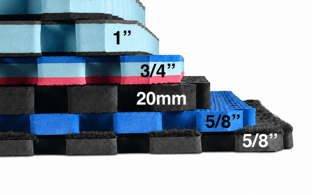 Stacked EVA foam mats showing different thickness options for indoor flooring