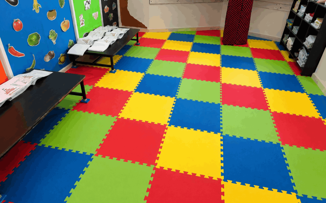 EVA foam mats for schools and classrooms installed in a colourful indoor activity room