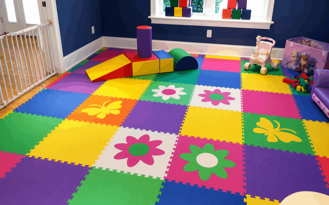 Colourful foam mats for crèches and daycare centres in a bright indoor playroom