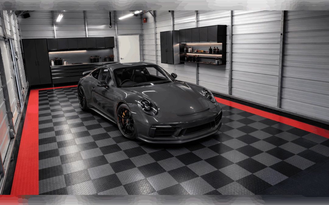 Garage flooring for car enthusiasts with a sports car displayed on black, grey and red garage tiles