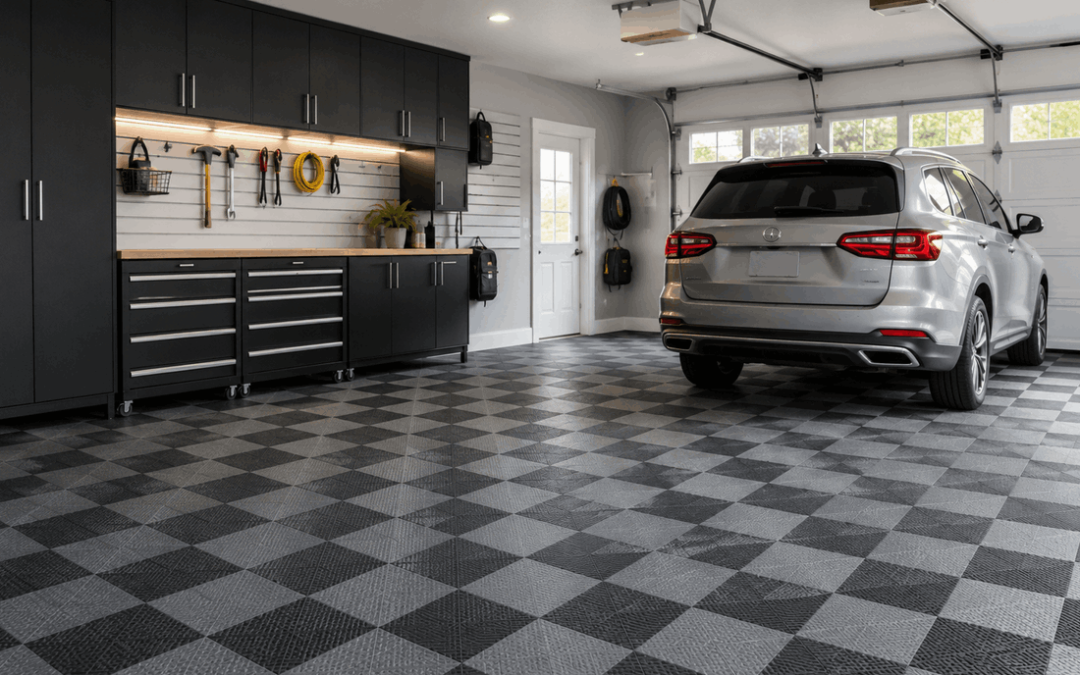Garage flooring ideas for concrete with checker floor tiles in a modern garage
