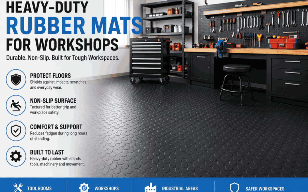 Heavy-duty rubber mats for workshops with non-slip flooring for tool rooms and industrial work areas