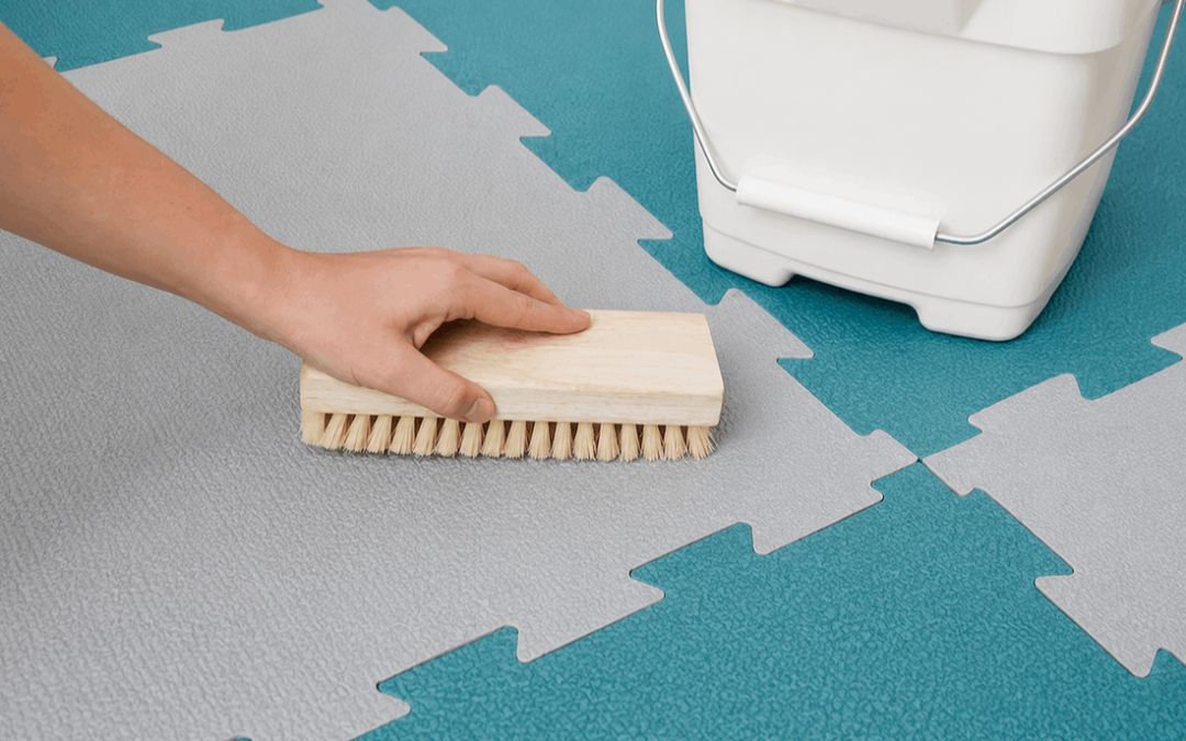 How to clean and maintain EVA foam mats using a soft brush and controlled moisture