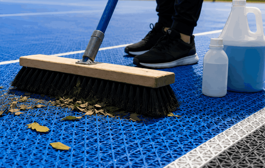 Cleaning and maintaining outdoor sports flooring tiles
