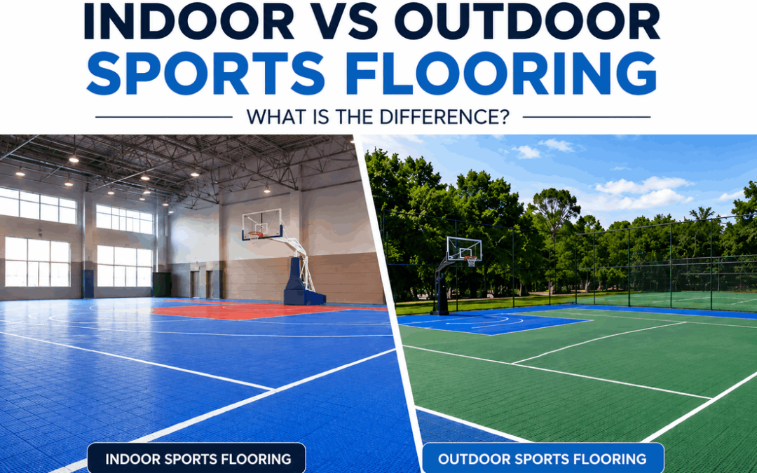 Indoor vs outdoor sports flooring comparison with blue indoor court and green outdoor court
