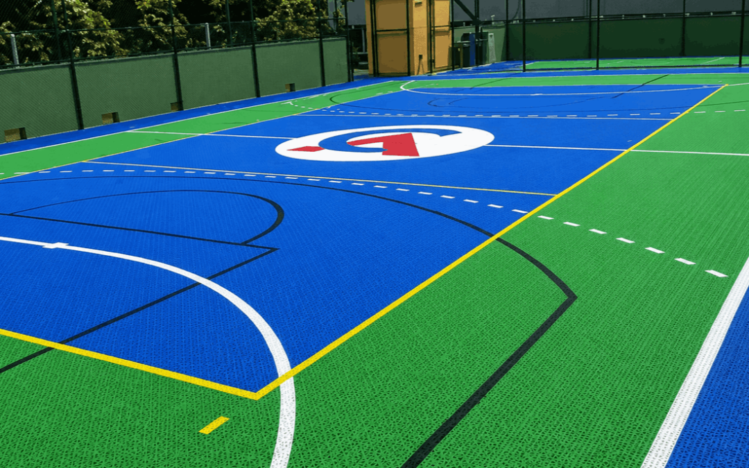 Multi-sport court tiles with blue and green outdoor sports flooring