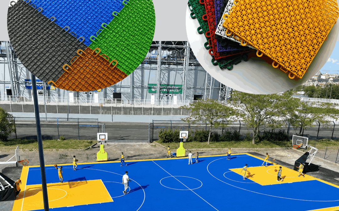 Open-grid sports tiles on a blue and yellow outdoor sports court