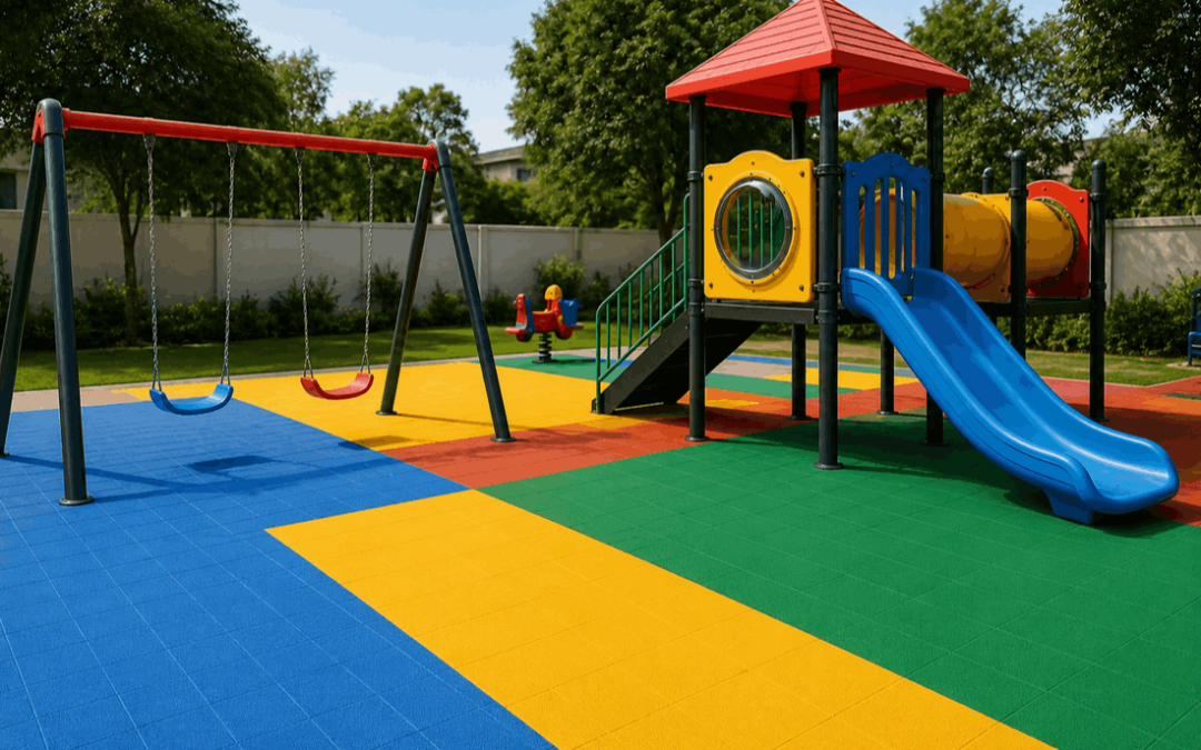 Playground tiles vs rubber mats in a colourful outdoor play area