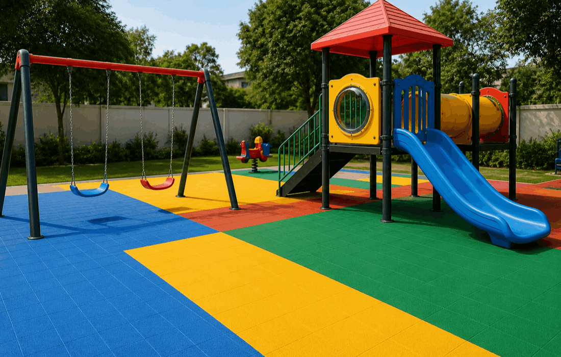 Colourful playground tiles in an outdoor play area