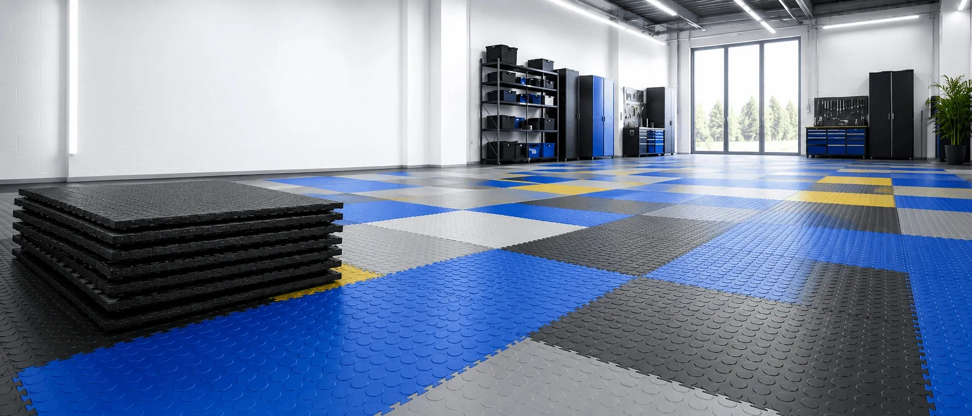 Mixed-colour interlocking PVC floor tiles with heavy-duty flooring tiles