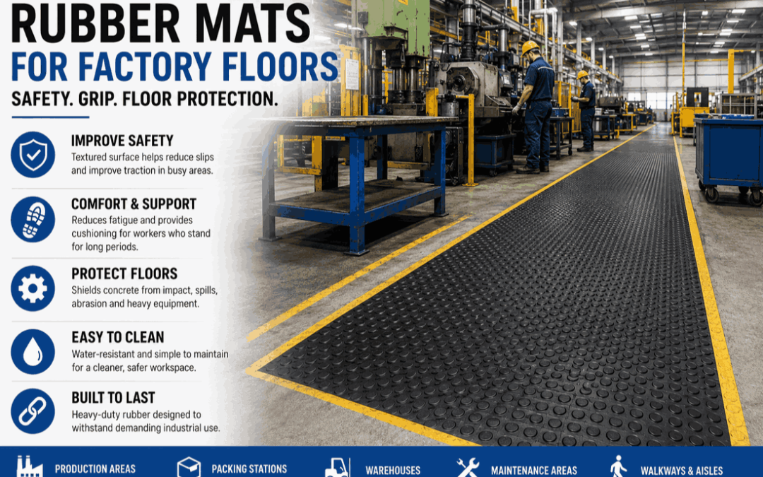 cRubber mats for factory floor safety in an industrial factory walkway