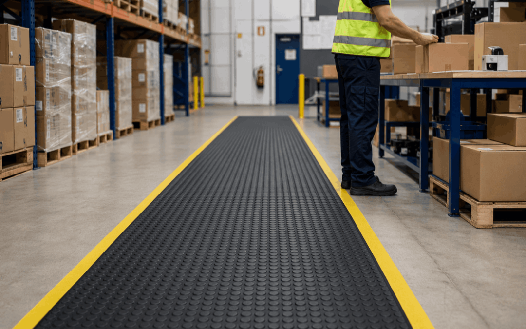 Rubber mats for warehouse walkways used in a packing and storage area