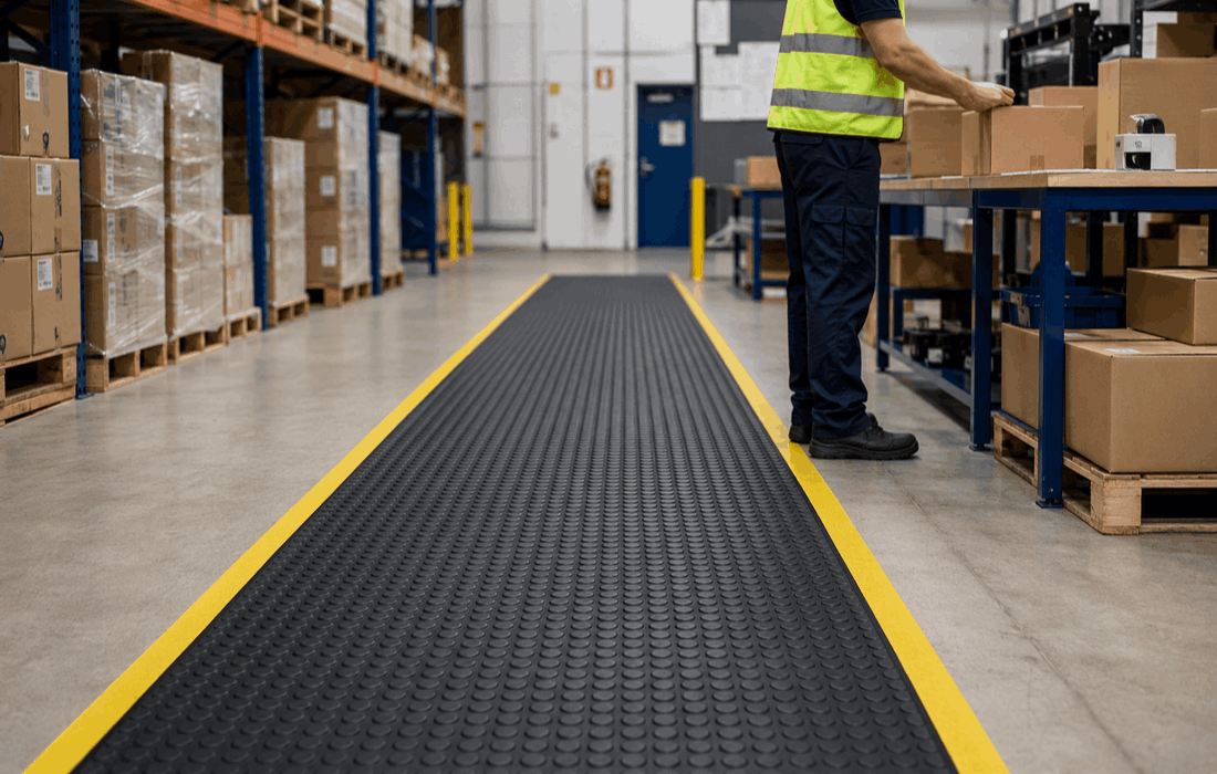 Rubber mats for warehouse walkways and packing areas