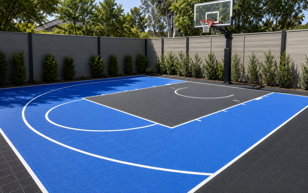 Sports flooring cost in South Africa for a blue and black modular basketball court