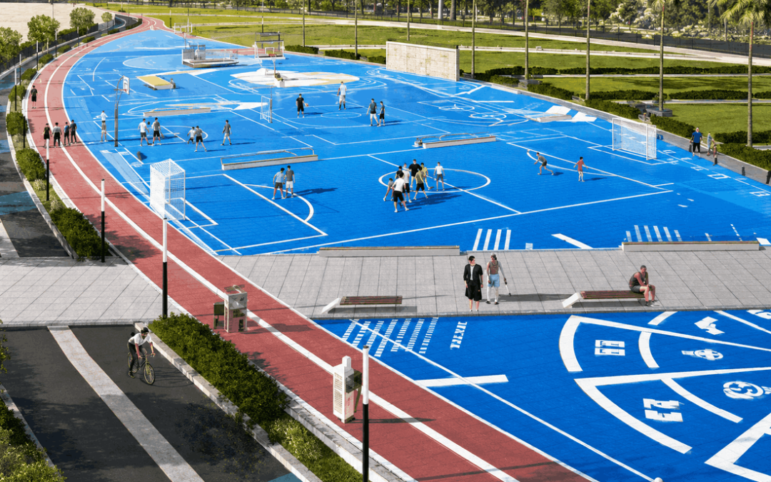Colorful sports court with various activities