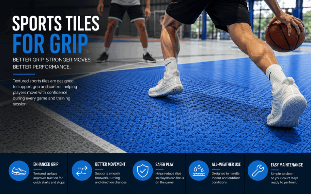 Sports tiles for grip supporting controlled player movement on a blue indoor court