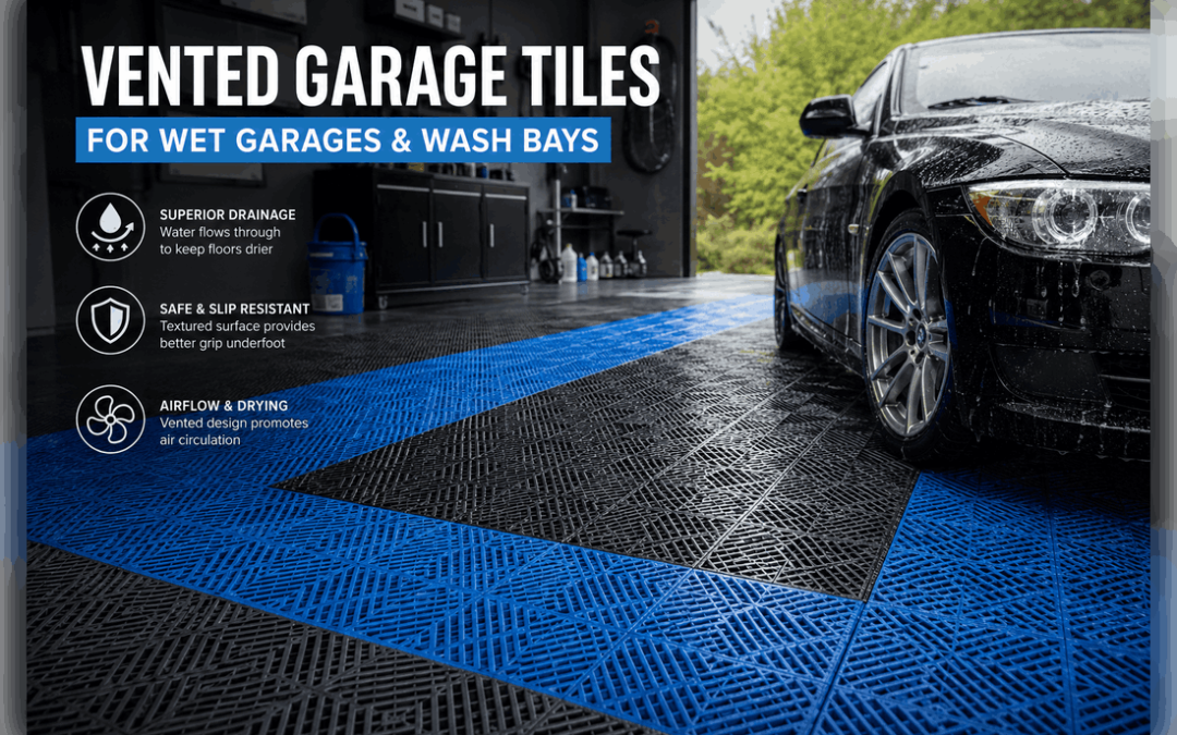 Vented garage tiles for wet garages and wash bays
