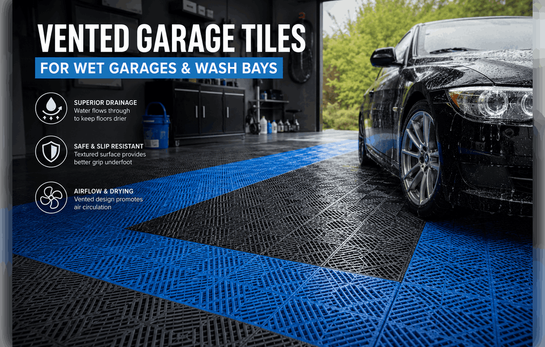 Vented garage tiles for wet garages and wash bays