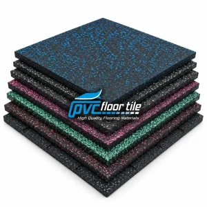 Stack of black speckled fitness floor mats in multiple colours