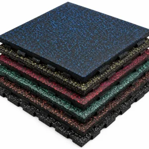 Stack of multicolour speckled rubber gym floor tiles in blue yellow red green pink and grey