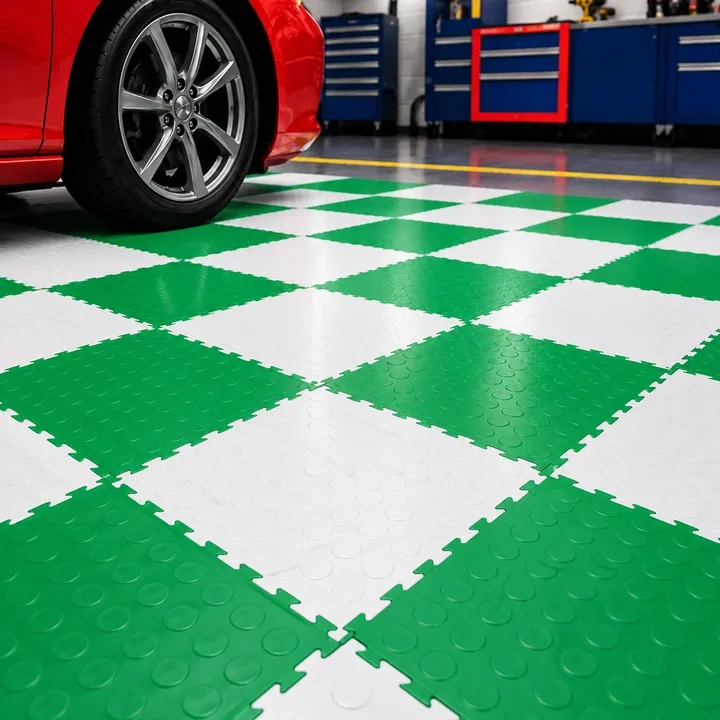 Green and white interlocking PVC garage floor tiles with raised coin surface