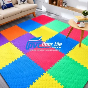 Multicolour interlocking foam floor tiles in a children's playroom