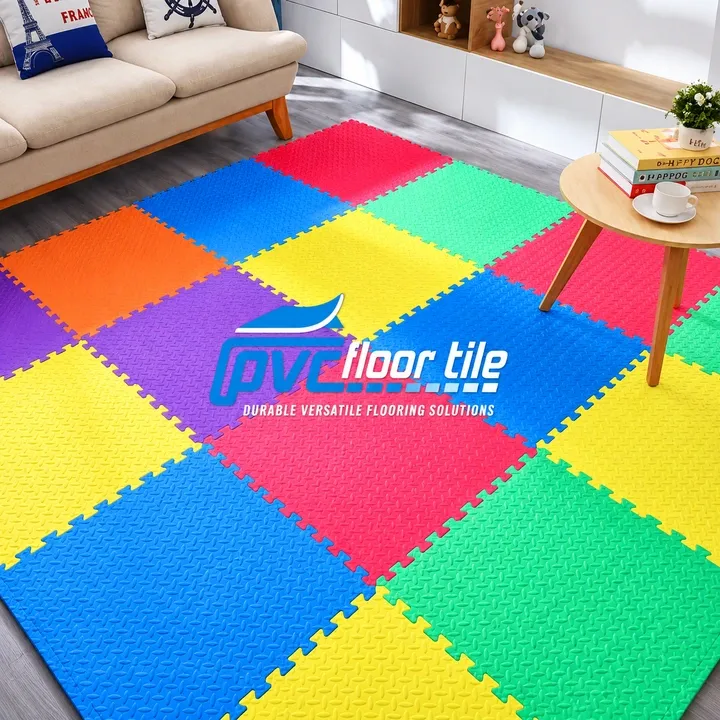 Multicolour interlocking foam floor tiles in a children's playroom