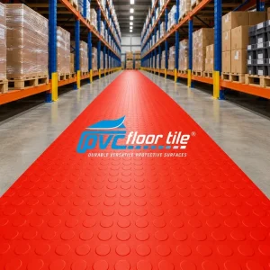 Red PVC warehouse walkway flooring with raised coin surface