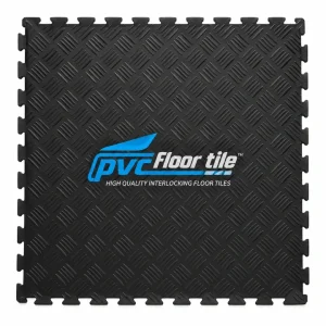 Black checker plate interlocking PVC floor tile with raised diamond tread surface