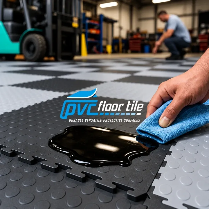 Black and grey interlocking PVC floor tiles being cleaned after a spill in a workshop